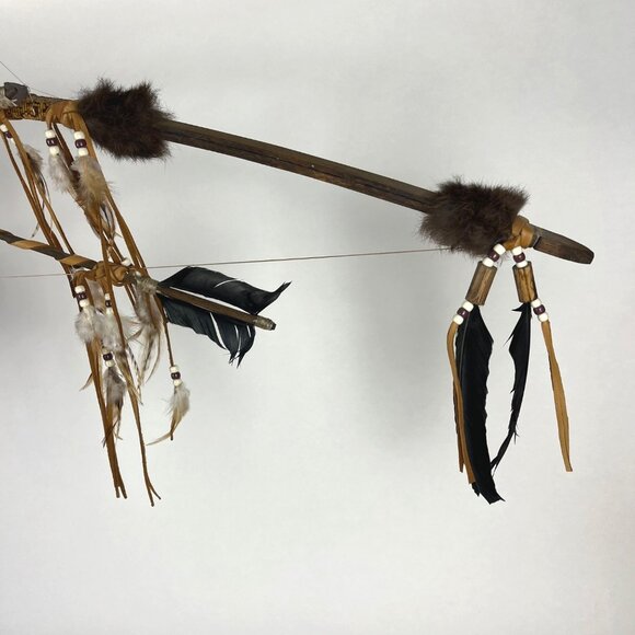 Chief Cross Bow Native American Wall Hanging Decor with Deerskin & Feathers - Picture 2 of 16
